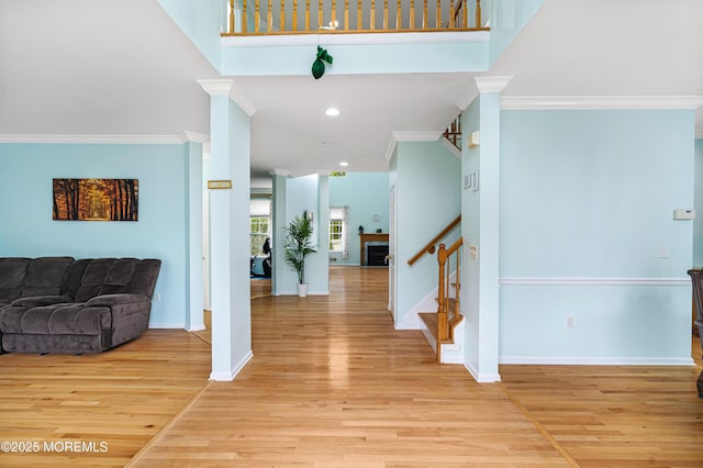 3 Knightsbridge Pl, Jackson, NJ 08527 - entrance foyer featuring stairway, light wood-type flooring, crown molding, recessed lighting, and a fireplace