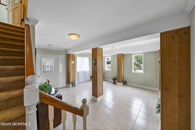 28 S Dayton Dr, Little Egg Harbor, NJ 08087 - entryway featuring light tile patterned floors, stairway, and ornamental molding