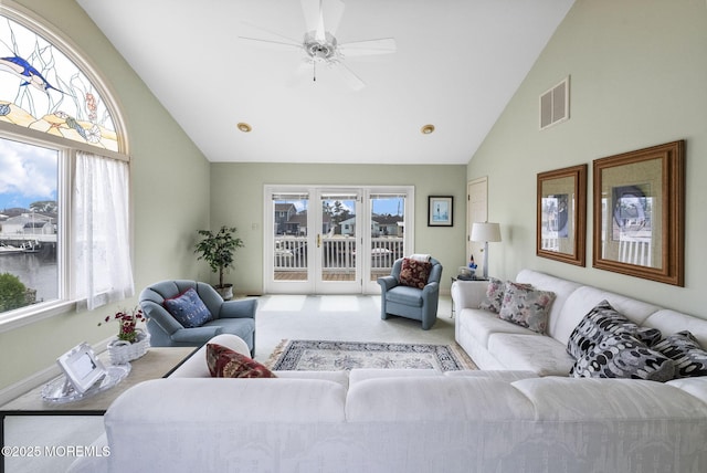 28 S Dayton Dr, Little Egg Harbor, NJ 08087 - carpeted living area featuring high vaulted ceiling, healthy amount of natural light, and ceiling fan