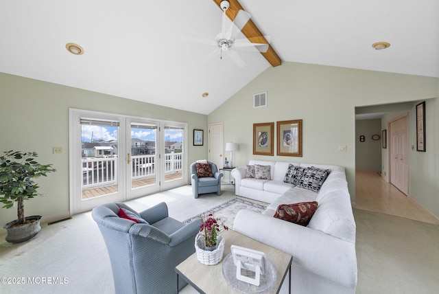 28 S Dayton Dr, Little Egg Harbor, NJ 08087 - carpeted living room featuring beam ceiling, ceiling fan, and high vaulted ceiling