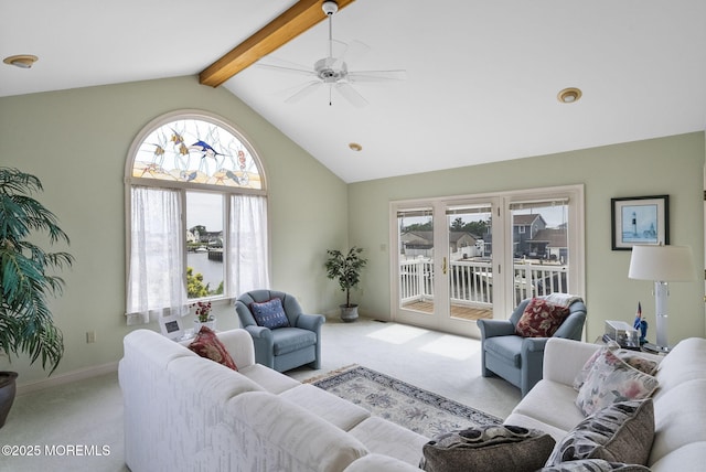 28 S Dayton Dr, Little Egg Harbor, NJ 08087 - living area featuring carpet flooring, a ceiling fan, beamed ceiling, healthy amount of natural light, and high vaulted ceiling