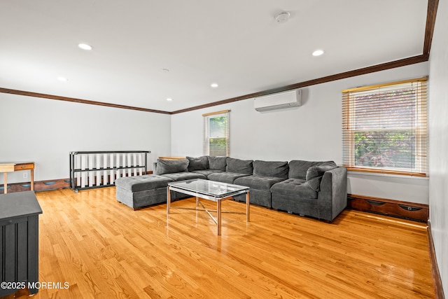 334 Norgrove Pl, Elberon, NJ 07740 - living area with a wall mounted air conditioner, crown molding, light wood finished floors, and recessed lighting