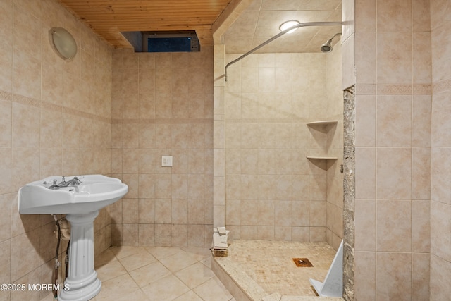 334 Norgrove Pl, Elberon, NJ 07740 - bathroom with a stall shower, wood ceiling, and tile patterned flooring