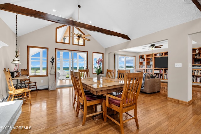 259 Cypress Dr, Bayville, NJ 08721 - dining room featuring ceiling fan, light wood finished floors, high vaulted ceiling, beam ceiling, and built in shelves