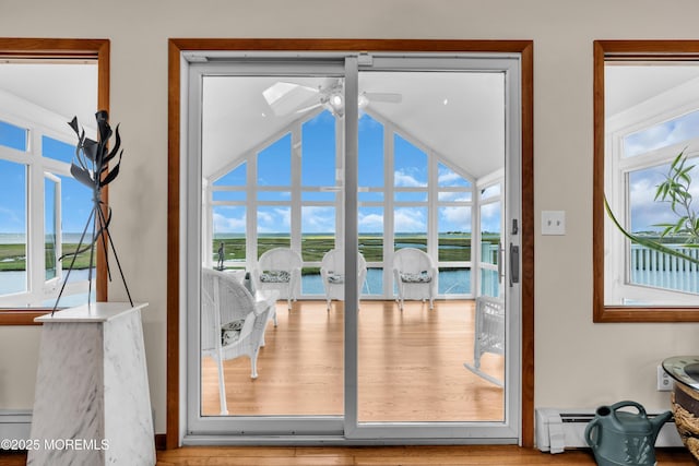 259 Cypress Dr, Bayville, NJ 08721 - entryway with a ceiling fan, a water view, vaulted ceiling, and wood finished floors