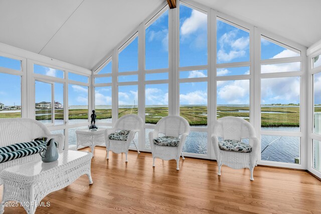 259 Cypress Dr, Bayville, NJ 08721 - sunroom / solarium with a water view, high vaulted ceiling, a wall of windows, and wood finished floors