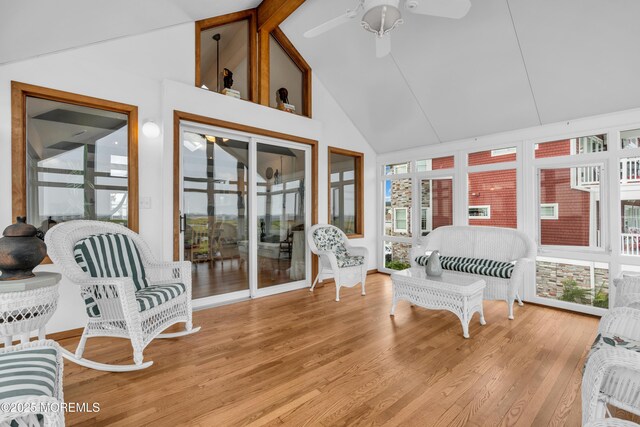 259 Cypress Dr, Bayville, NJ 08721 - sunroom with ceiling fan, wood finished floors, and high vaulted ceiling