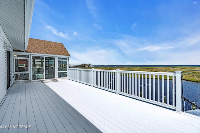 259 Cypress Dr, Bayville, NJ 08721 - wooden terrace featuring a water view and a sunroom