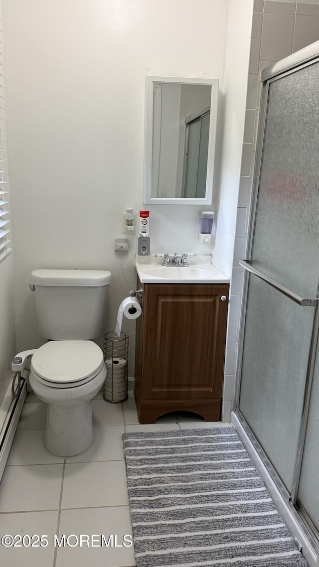 9 Longfellow Ter, Morganville, NJ 07751 - bathroom with vanity, tile patterned flooring, a shower stall, and a baseboard radiator