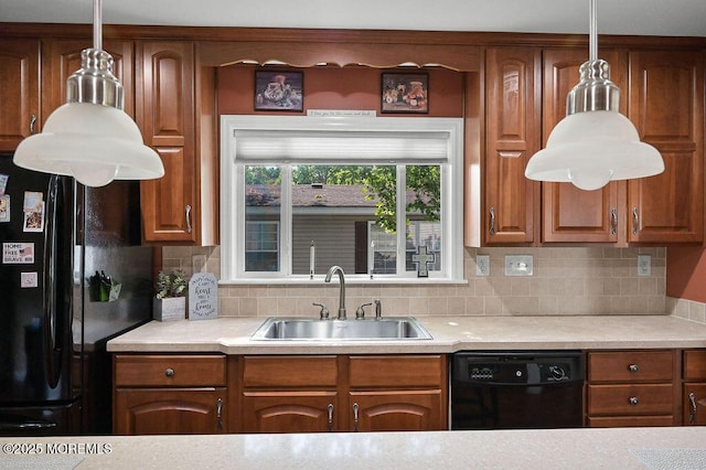 14 Village Rd, Morganville, NJ 07751 - kitchen featuring black appliances, light countertops, backsplash, and brown cabinets