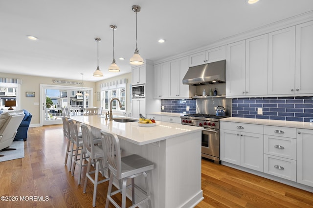 6 Pearce Ct, Manasquan, NJ 08736 - kitchen with under cabinet range hood, premium stove, built in microwave, light wood-type flooring, and tasteful backsplash
