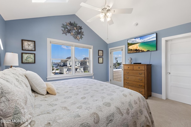 6 Pearce Ct, Manasquan, NJ 08736 - carpeted bedroom with access to outside, a ceiling fan, a skylight, and high vaulted ceiling
