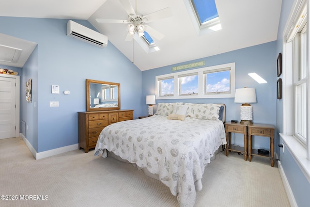 6 Pearce Ct, Manasquan, NJ 08736 - bedroom with a wall mounted air conditioner, a skylight, light colored carpet, multiple windows, and high vaulted ceiling