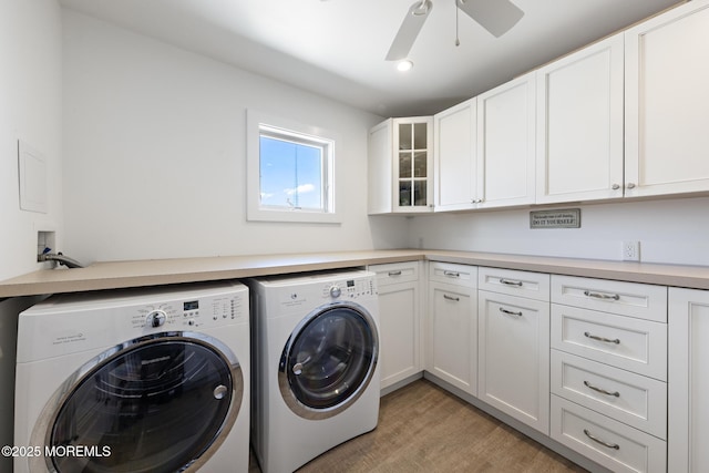 6 Pearce Ct, Manasquan, NJ 08736 - laundry area featuring washing machine and clothes dryer, cabinet space, ceiling fan, light wood-style flooring, and recessed lighting