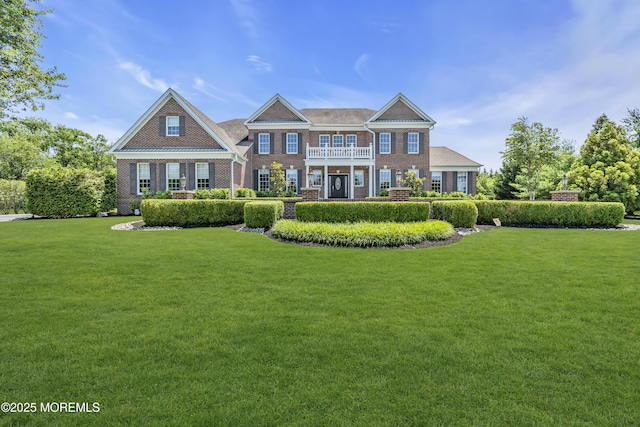 4 Geraldine Ct, Farmingdale, NJ 07727 - colonial home with a balcony, a front lawn, and brick siding