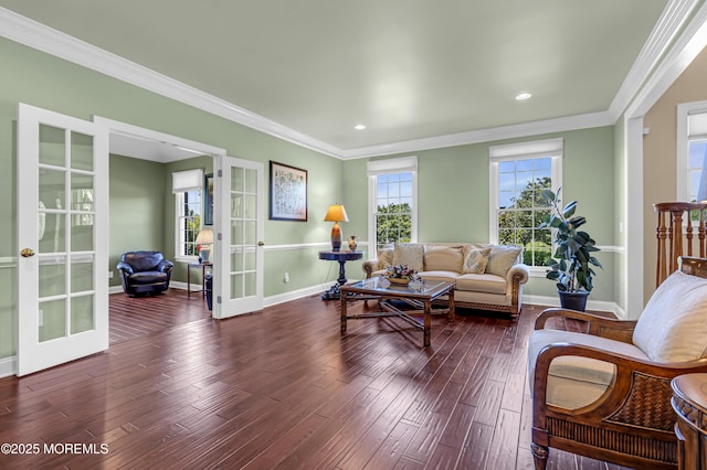 4 Geraldine Ct, Farmingdale, NJ 07727 - living area with french doors, dark wood-type flooring, crown molding, and recessed lighting