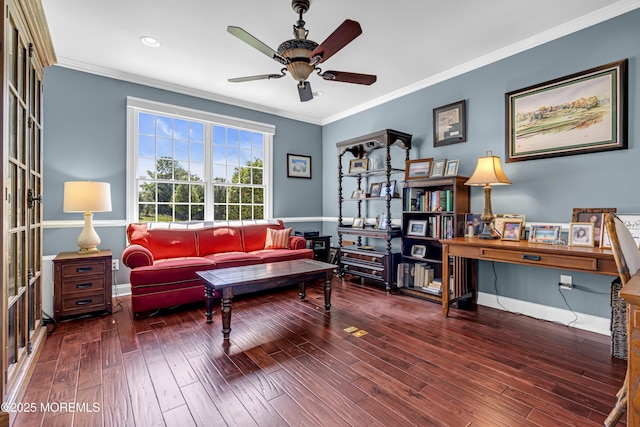 4 Geraldine Ct, Farmingdale, NJ 07727 - living room featuring hardwood / wood-style floors, ceiling fan, ornamental molding, and recessed lighting