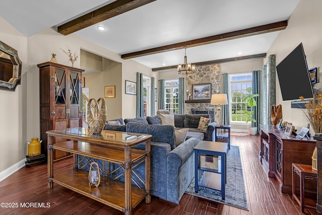 4 Geraldine Ct, Farmingdale, NJ 07727 - living room with dark wood-style flooring, beamed ceiling, a stone fireplace, and a chandelier