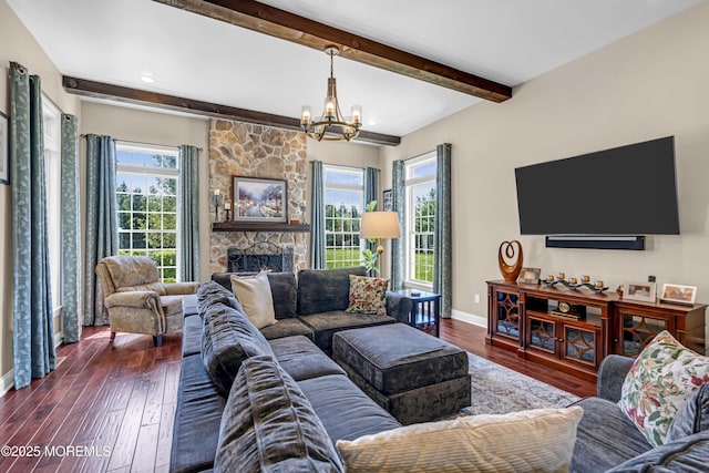 4 Geraldine Ct, Farmingdale, NJ 07727 - living room featuring a chandelier, dark wood-style floors, beamed ceiling, and a stone fireplace