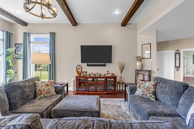 4 Geraldine Ct, Farmingdale, NJ 07727 - living area featuring a chandelier, beam ceiling, wood finished floors, and recessed lighting