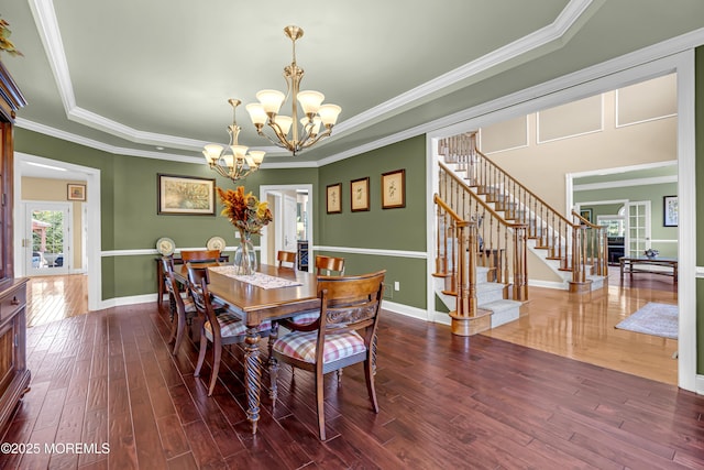 4 Geraldine Ct, Farmingdale, NJ 07727 - dining room with a chandelier, stairway, hardwood / wood-style floors, ornamental molding, and a raised ceiling