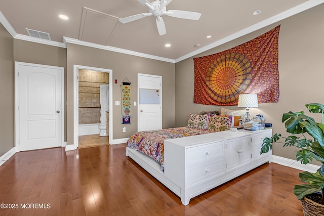 4 Geraldine Ct, Farmingdale, NJ 07727 - bedroom featuring ornamental molding, wood finished floors, connected bathroom, recessed lighting, and ceiling fan