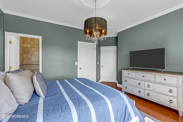 4 Geraldine Ct, Farmingdale, NJ 07727 - bedroom with ornamental molding, a chandelier, and dark wood-style floors