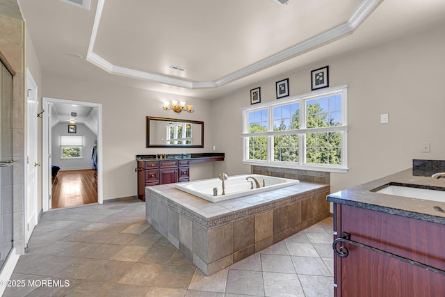 4 Geraldine Ct, Farmingdale, NJ 07727 - full bath with a tray ceiling, ornamental molding, vanity, healthy amount of natural light, and a garden tub