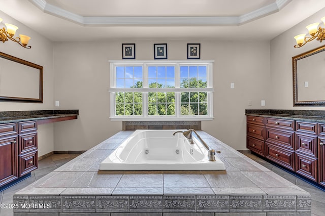 4 Geraldine Ct, Farmingdale, NJ 07727 - full bath with a tray ceiling, a chandelier, ornamental molding, vanity, and a jetted tub