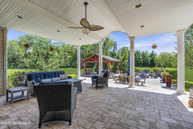 4 Geraldine Ct, Farmingdale, NJ 07727 - view of patio / terrace featuring an outdoor hangout area, a gazebo, a ceiling fan, and view of wooded area