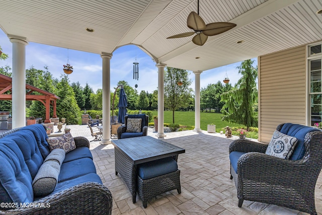4 Geraldine Ct, Farmingdale, NJ 07727 - view of patio featuring an outdoor hangout area, ceiling fan, and view of scattered trees