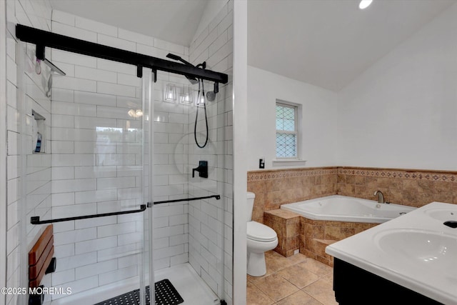 8 Shadow Ridge Ct, Howell, NJ 07731 - bathroom featuring a stall shower, a garden tub, tile patterned flooring, vaulted ceiling, and wainscoting