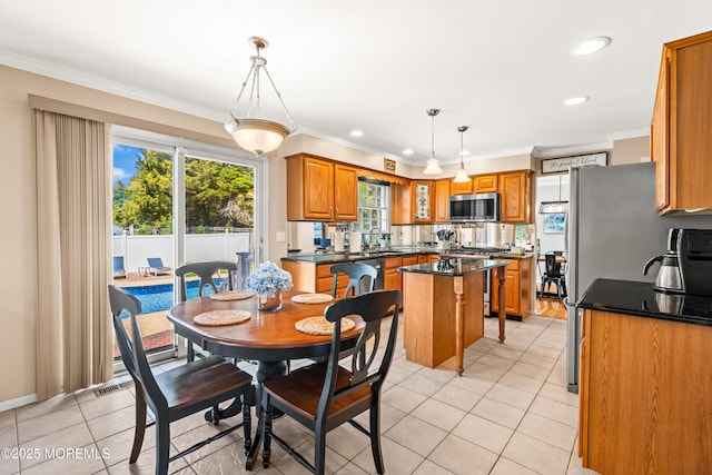 51 Davids Ln, Howell, NJ 07731 - dining room with light tile patterned floors, ornamental molding, and recessed lighting