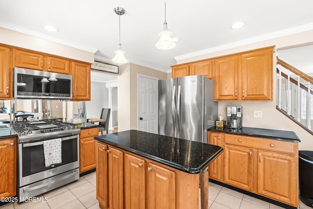 51 Davids Ln, Howell, NJ 07731 - kitchen featuring appliances with stainless steel finishes, light tile patterned floors, ornamental molding, hanging light fixtures, and a center island