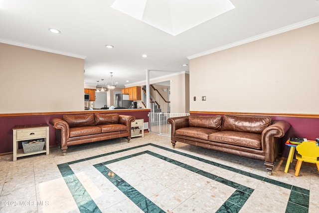 51 Davids Ln, Howell, NJ 07731 - living room with crown molding, recessed lighting, stairway, a skylight, and inlaid floor details
