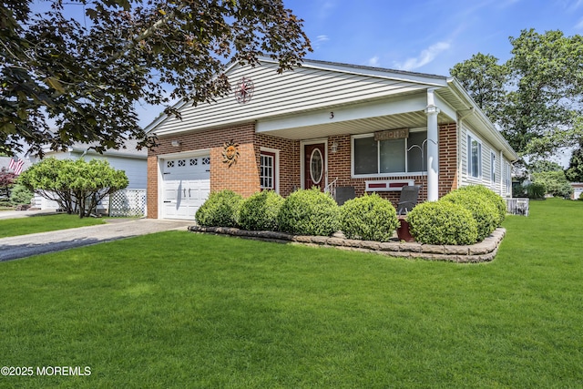 3 Redlands Ct, Toms River, NJ 08757 - view of front of home with an attached garage, brick siding, asphalt driveway, a front yard, and a porch