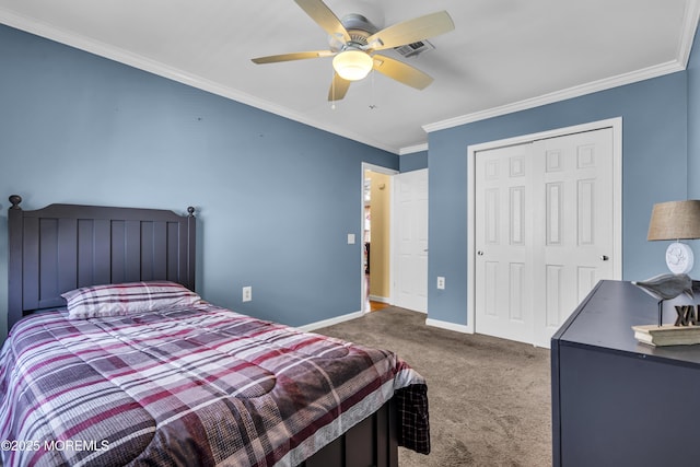 3 Redlands Ct, Toms River, NJ 08757 - bedroom featuring carpet flooring, a closet, crown molding, and a ceiling fan