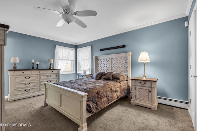 3 Redlands Ct, Toms River, NJ 08757 - bedroom with a baseboard heating unit, light carpet, crown molding, and a ceiling fan