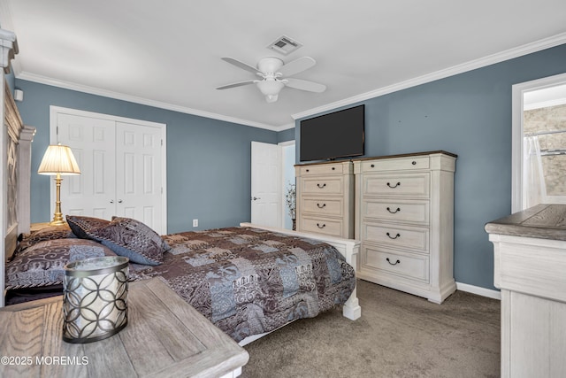 3 Redlands Ct, Toms River, NJ 08757 - carpeted bedroom featuring a closet, ornamental molding, and a ceiling fan