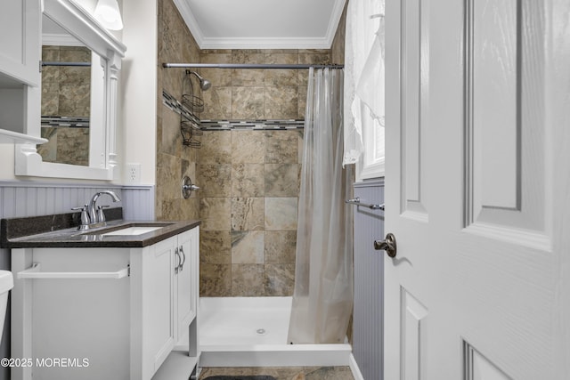 3 Redlands Ct, Toms River, NJ 08757 - bathroom featuring crown molding, vanity, and a stall shower