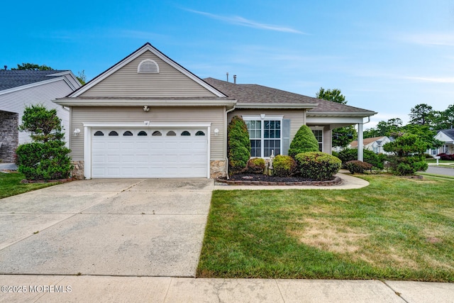 41 Sunrise Bay Blvd, Little Egg Harbor, NJ 08087 - ranch-style house with stone siding, an attached garage, driveway, and a front lawn
