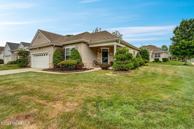 41 Sunrise Bay Blvd, Little Egg Harbor, NJ 08087 - view of front of home featuring an attached garage, concrete driveway, a front yard, stone siding, and roof with shingles