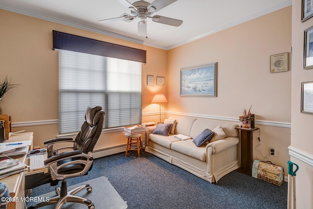 41 Sunrise Bay Blvd, Little Egg Harbor, NJ 08087 - office with a ceiling fan, crown molding, carpet floors, and a baseboard heating unit