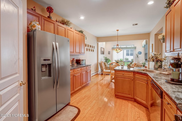 41 Sunrise Bay Blvd, Little Egg Harbor, NJ 08087 - kitchen featuring appliances with stainless steel finishes, light wood-style flooring, a peninsula, a baseboard heating unit, and recessed lighting