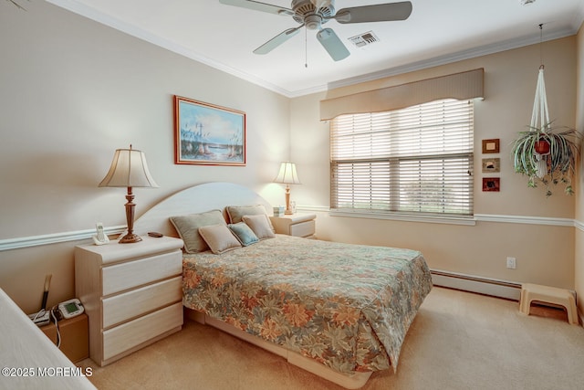 41 Sunrise Bay Blvd, Little Egg Harbor, NJ 08087 - bedroom with light carpet, baseboard heating, crown molding, and a ceiling fan