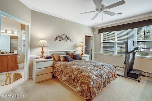 41 Sunrise Bay Blvd, Little Egg Harbor, NJ 08087 - bedroom with light carpet, ornamental molding, ensuite bathroom, a baseboard heating unit, and a ceiling fan