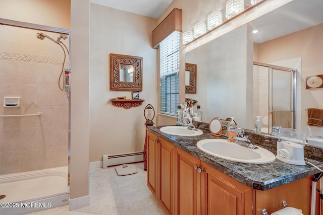 41 Sunrise Bay Blvd, Little Egg Harbor, NJ 08087 - bathroom featuring baseboard heating, a stall shower, double vanity, and tile patterned flooring