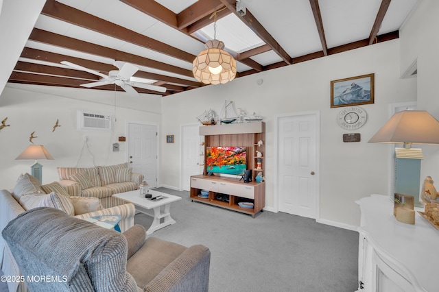 8 Ralph Ln, Beach Haven West, NJ 08050 - carpeted living room with beamed ceiling, ceiling fan, and a wall unit AC