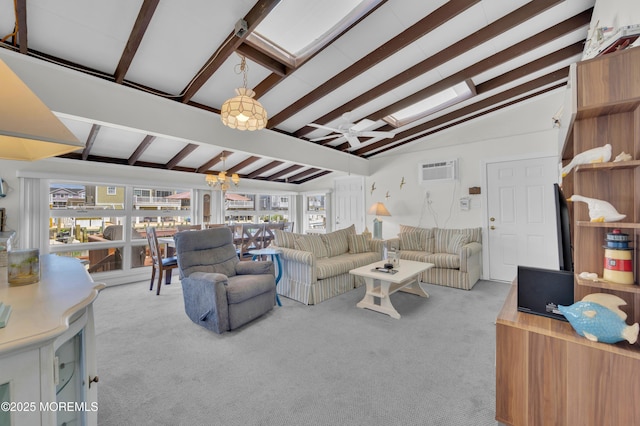 8 Ralph Ln, Beach Haven West, NJ 08050 - living room featuring ceiling fan, carpet, and a wall mounted air conditioner