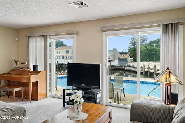 54 Storm Jib Ct, Bayville, NJ 08721 - living room with carpet floors and a textured ceiling